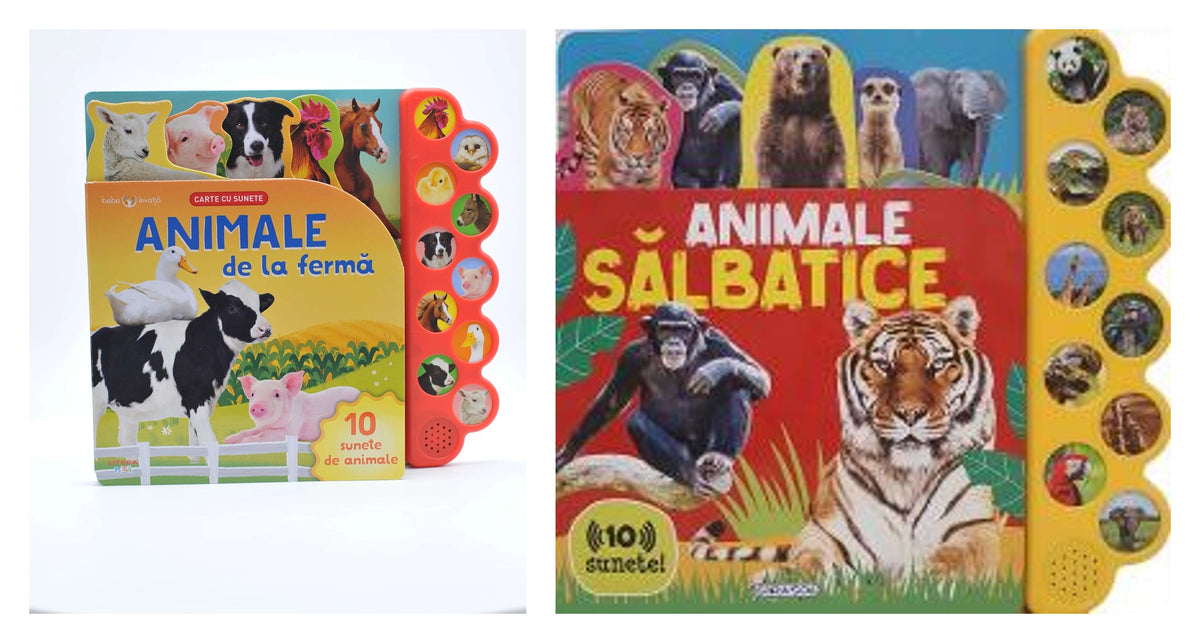 BEBE INVATA. ANIMALE DE LA FERMA. Carte cu sunete. reeditare + Animale salbatice 10 sunete