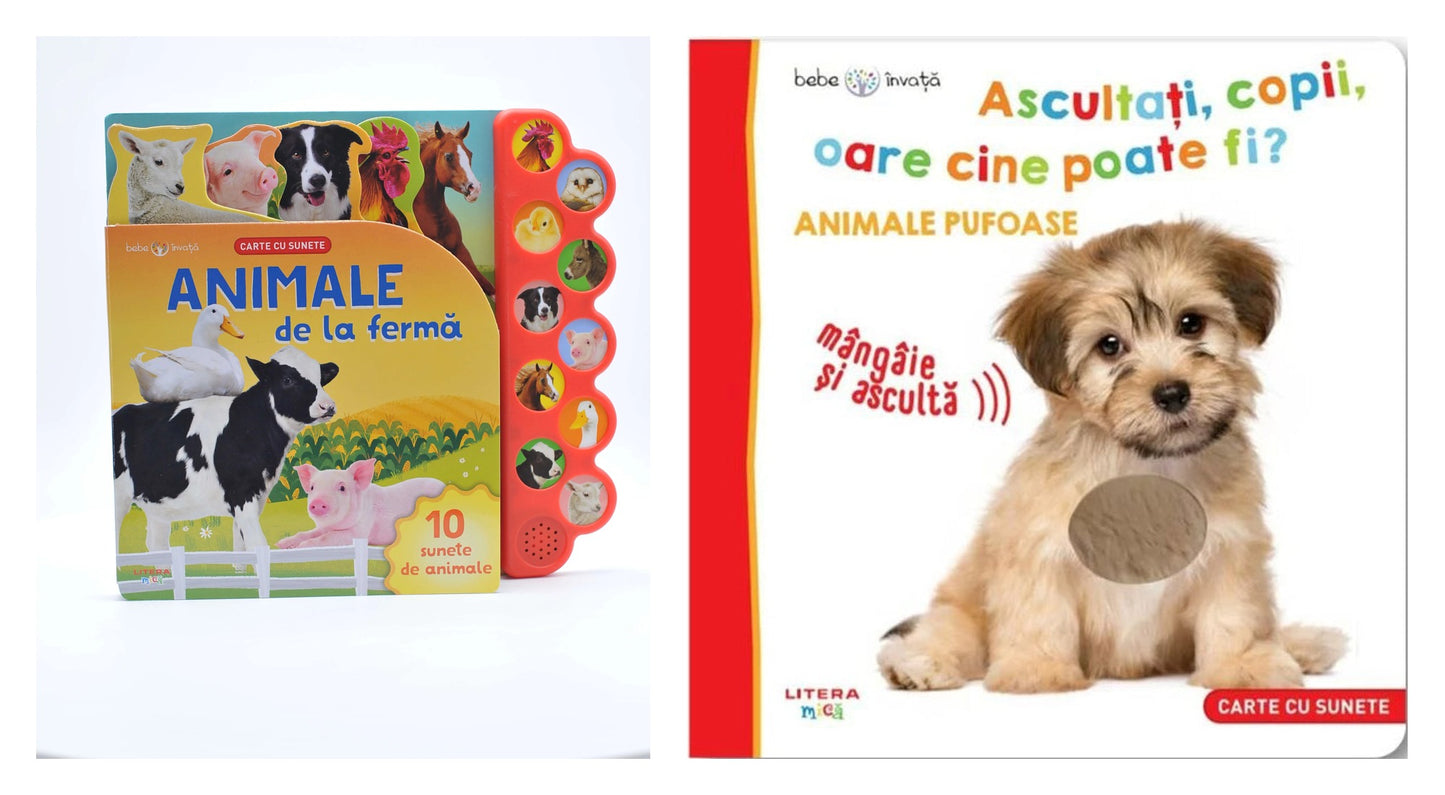 BEBE INVATA. ANIMALE DE LA FERMA. Carte cu sunete. reeditare + Bebe invata. Ascultati, copii, oare cine poate fi? Animale pufoase