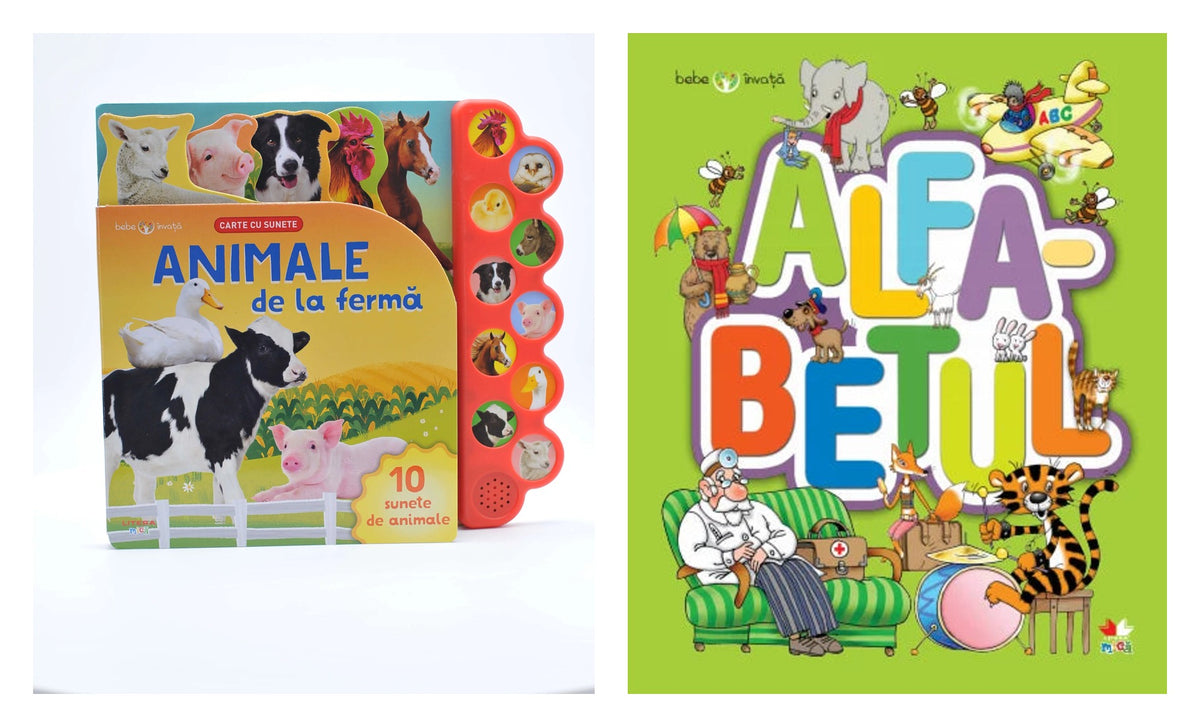 BEBE INVATA. ANIMALE DE LA FERMA. Carte cu sunete. reeditare + Bebe Invata. Alfabetul