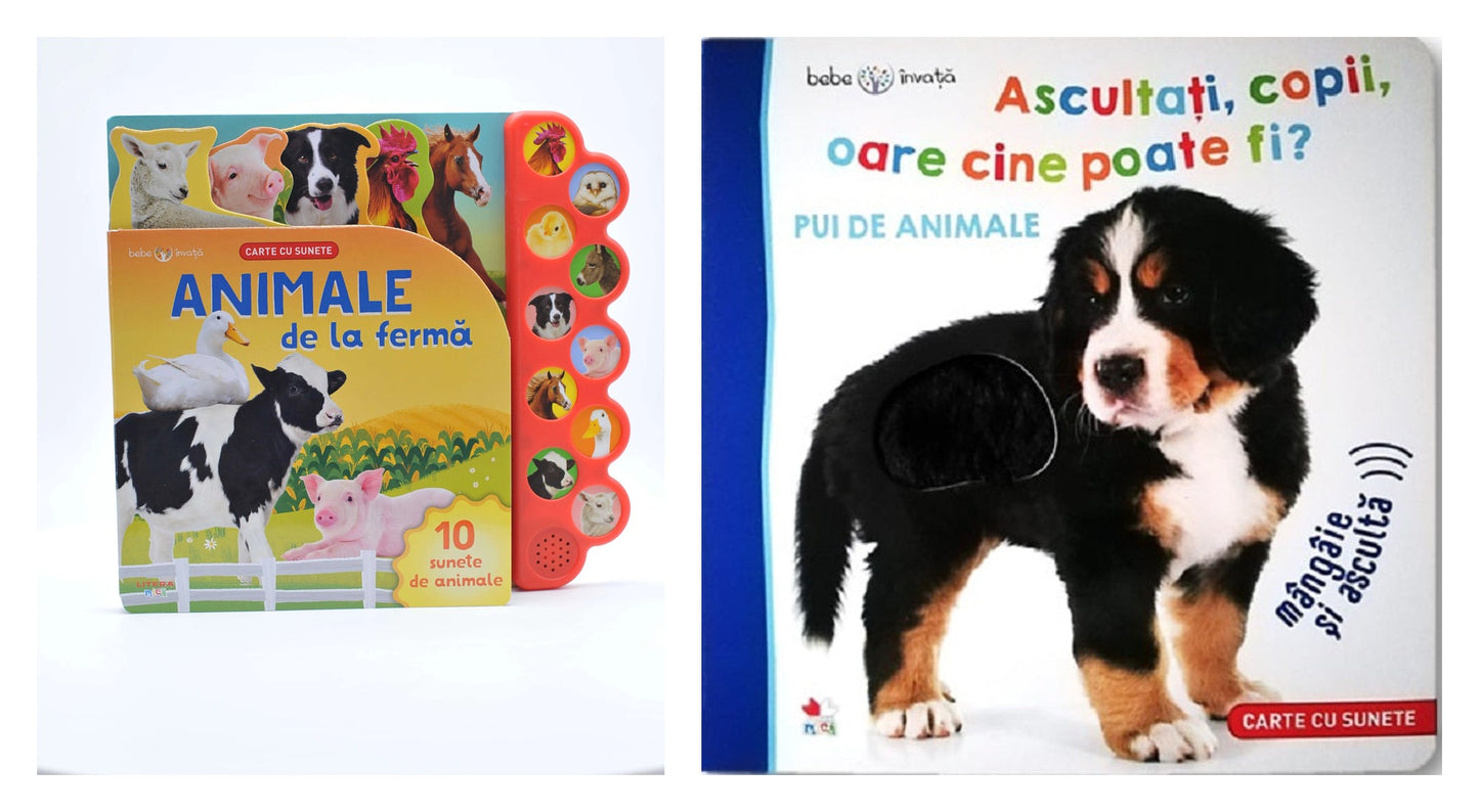 BEBE INVATA. ANIMALE DE LA FERMA. Carte cu sunete. reeditare + Ascultati copii, oare cine poate fi? Pui de animale