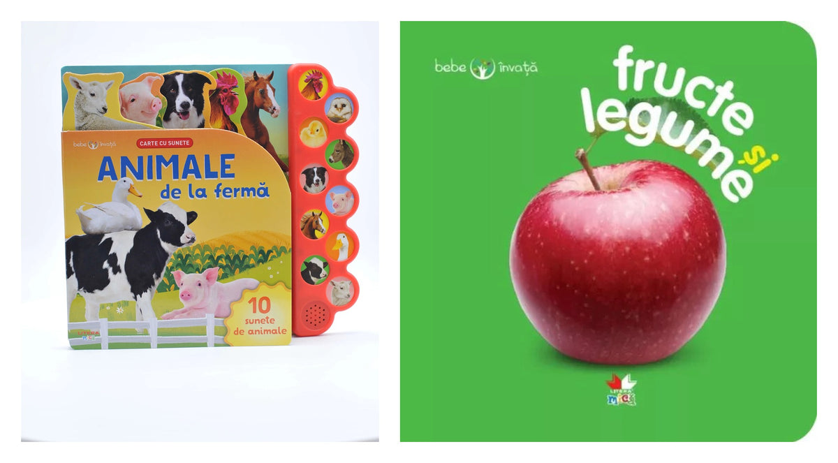 BEBE INVATA. ANIMALE DE LA FERMA. Carte cu sunete. reeditare + Fructe și legume. Bebe învață