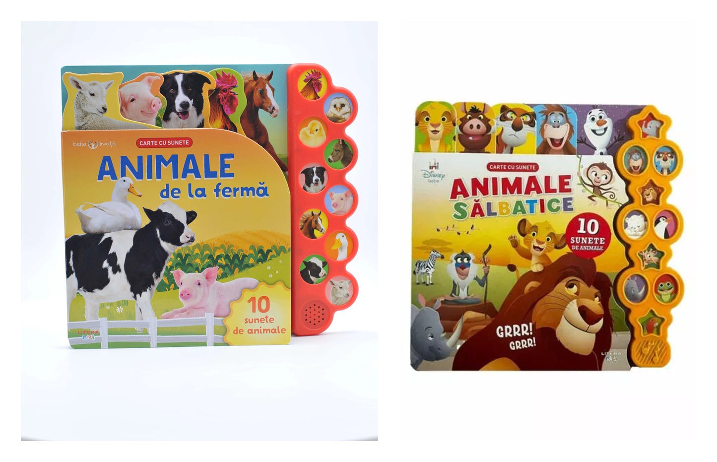 BEBE INVATA. ANIMALE DE LA FERMA. Carte cu sunete. reeditare + Animale salbatice - Disney bebe - Carte cu sunete
