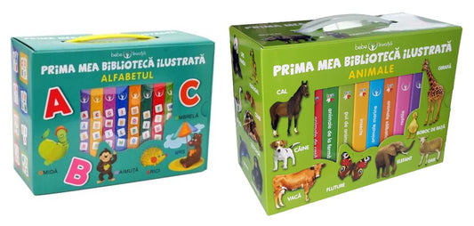 Bebe invata. Prima mea biblioteca ilustrata. Alfabetul (cutie 8 carticele) + Animale - Prima mea biblioteca ilustrata, Bebe invata