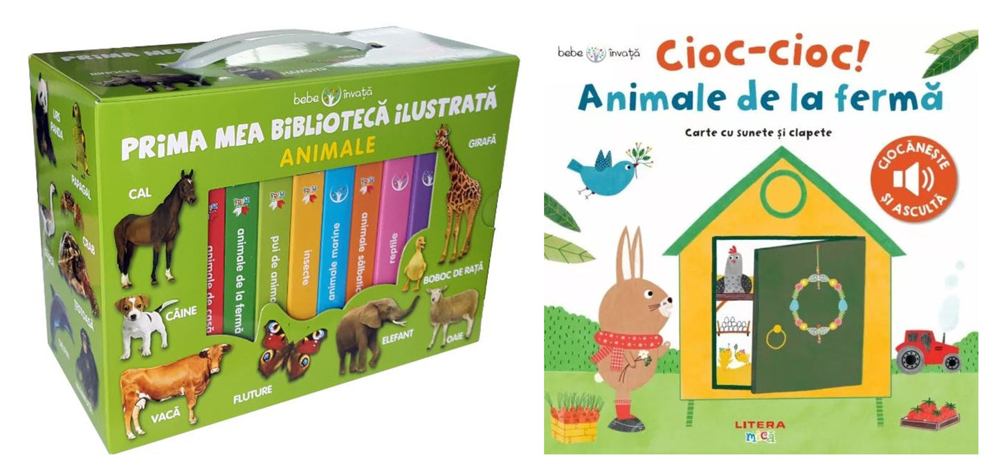Animale - Prima mea biblioteca ilustrata, Bebe invata + Bebe invata. Cioc-cioc! Animale de la ferma. Carte cu sunete si clapete