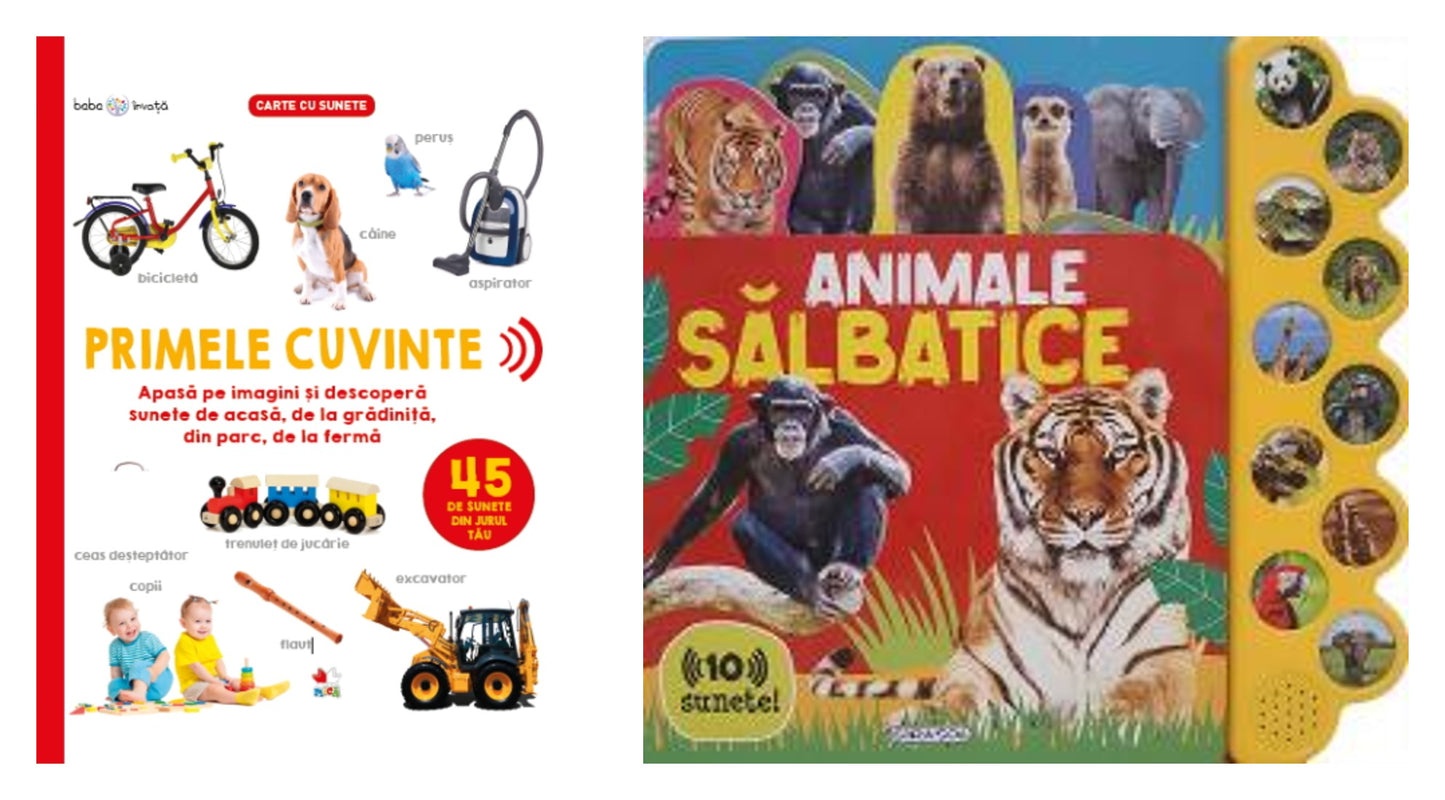 Bebe învață. Primele cuvinte. 45 de sunete din jurul tău + Animale salbatice 10 sunete