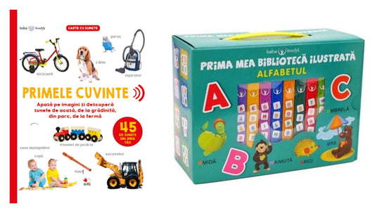 Bebe învață. Primele cuvinte. 45 de sunete din jurul tău + Bebe invata. Prima mea biblioteca ilustrata. Alfabetul (cutie 8 carticele)