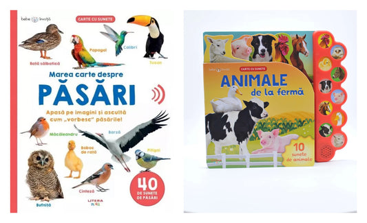 Marea carte despre pasari - 40 de sunete de pasari + BEBE INVATA. ANIMALE DE LA FERMA. Carte cu sunete. reeditare